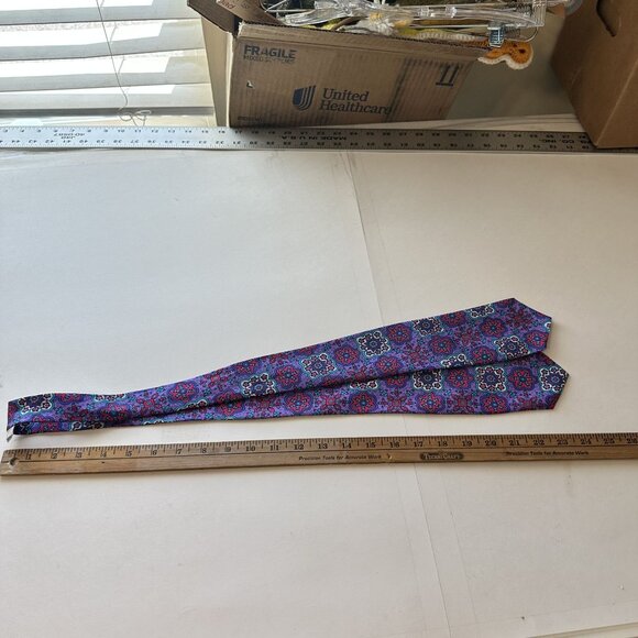 Vtg Womens Purple Blouse Large Purple Geometric Button Up Neck Tie 1980s Poly - Picture 2 of 12